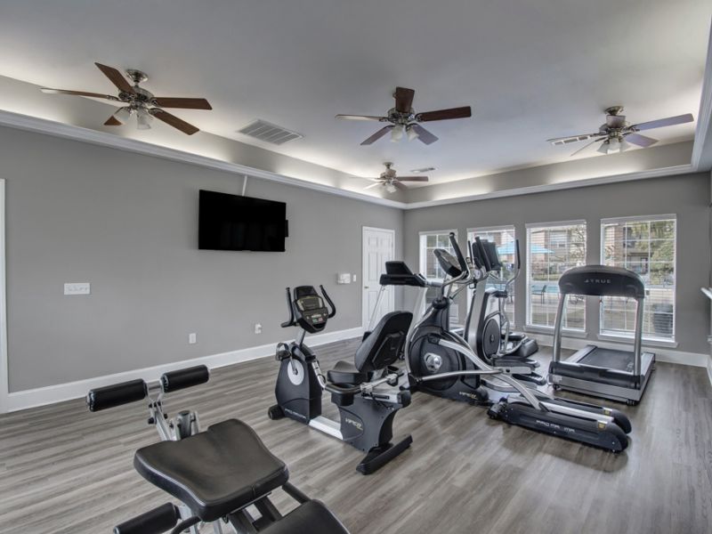 Modern gym with exercise bikes, treadmill, weight bench, ceiling fans, and large windows.